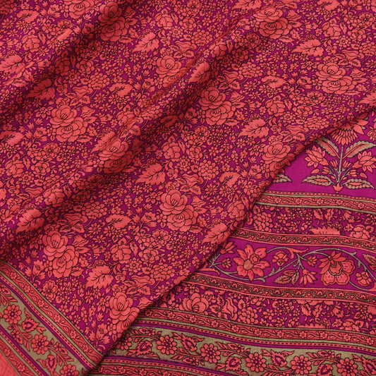 Indian Vintage Saree Peach & Purple Moss Crepe Printed Sari 5 Yards Floral Soft Fabric for Sewing, Dressmaking, Crafting, Quilting