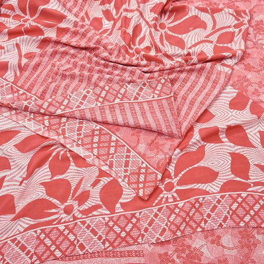 Indian Vintage Saree White & Peach Moss Crepe Woven Printed Sari 5yd Sewing Soft Craft Fabric Dressmaking Dress Designing Quilting