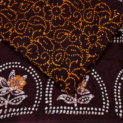 Indian Vintage Saffron & Brown Saree Batik Printed 100% Pure Cotton Sari Craft Fabric Soft 5Yd Sewing Sarong Wrap Boho Dress Making Upcycle