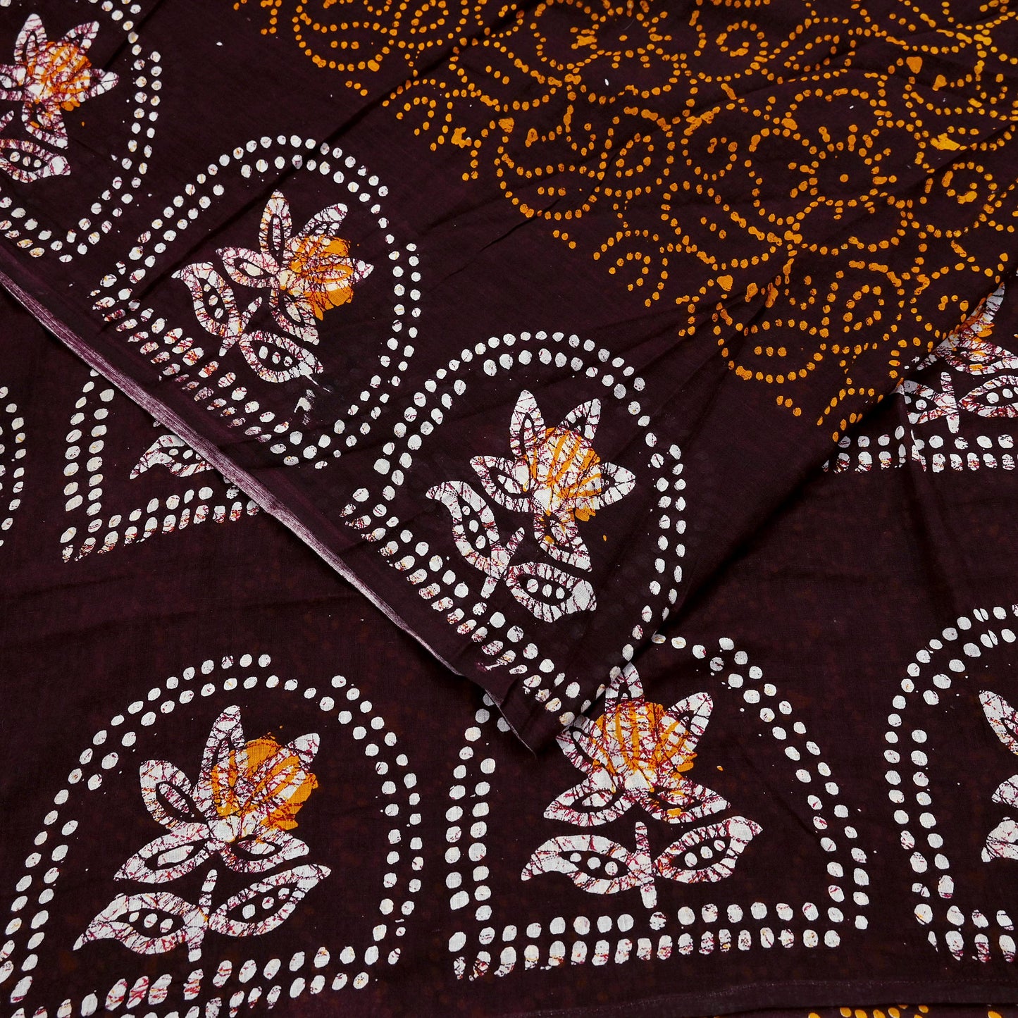 Indian Vintage Saffron & Brown Saree Batik Printed 100% Pure Cotton Sari Craft Fabric Soft 5Yd Sewing Sarong Wrap Boho Dress Making Upcycle