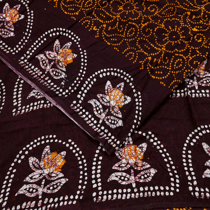 Indian Vintage Saffron & Brown Saree Batik Printed 100% Pure Cotton Sari Craft Fabric Soft 5Yd Sewing Sarong Wrap Boho Dress Making Upcycle