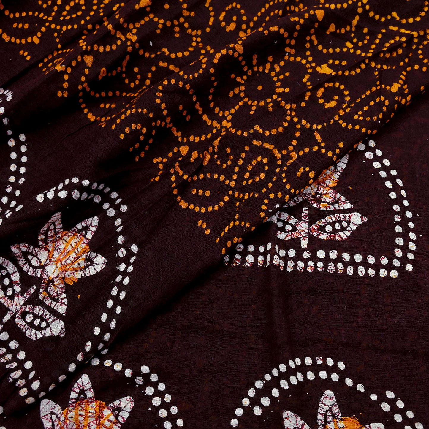 Indian Vintage Saffron & Brown Saree Batik Printed 100% Pure Cotton Sari Craft Fabric Soft 5Yd Sewing Sarong Wrap Boho Dress Making Upcycle