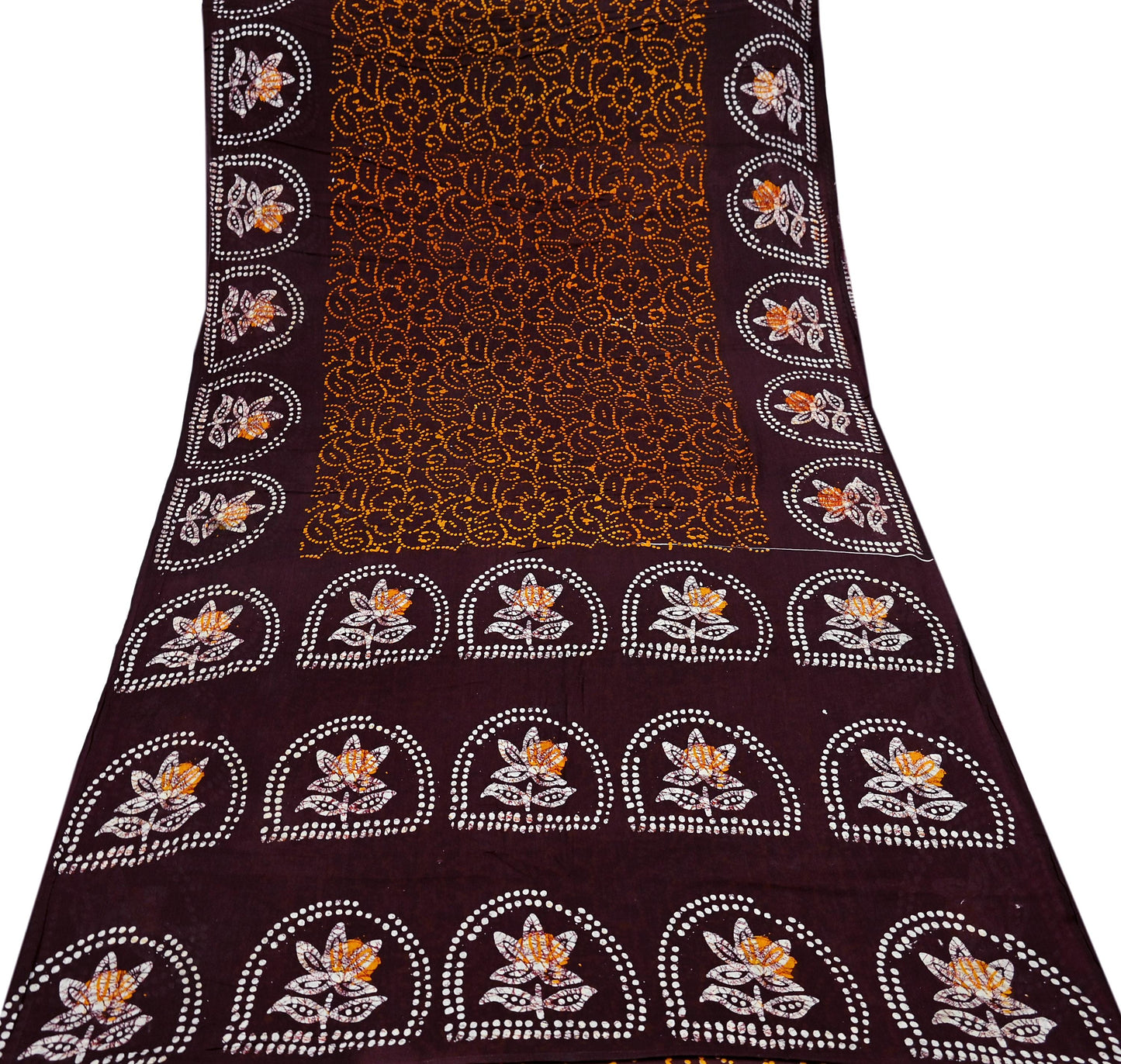 Indian Vintage Saffron & Brown Saree Batik Printed 100% Pure Cotton Sari Craft Fabric Soft 5Yd Sewing Sarong Wrap Boho Dress Making Upcycle