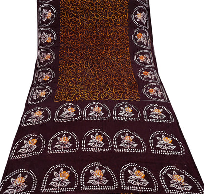Indian Vintage Saffron & Brown Saree Batik Printed 100% Pure Cotton Sari Craft Fabric Soft 5Yd Sewing Sarong Wrap Boho Dress Making Upcycle