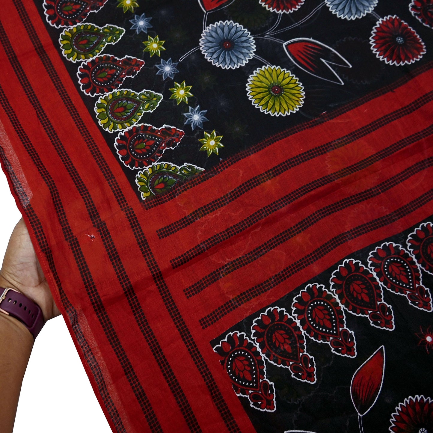 Indian Vintage Sari Red & Black Printed 100% Pure Cotton Saree Craft Fabric 5Yard Sewing Sarong Wrap Boho Floral