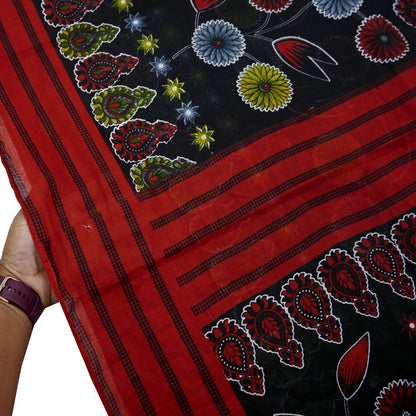 Indian Vintage Sari Red & Black Printed 100% Pure Cotton Saree Craft Fabric 5Yard Sewing Sarong Wrap Boho Floral