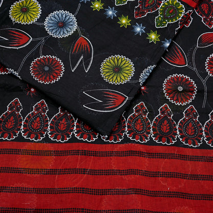 Indian Vintage Sari Red & Black Printed 100% Pure Cotton Saree Craft Fabric 5Yard Sewing Sarong Wrap Boho Floral