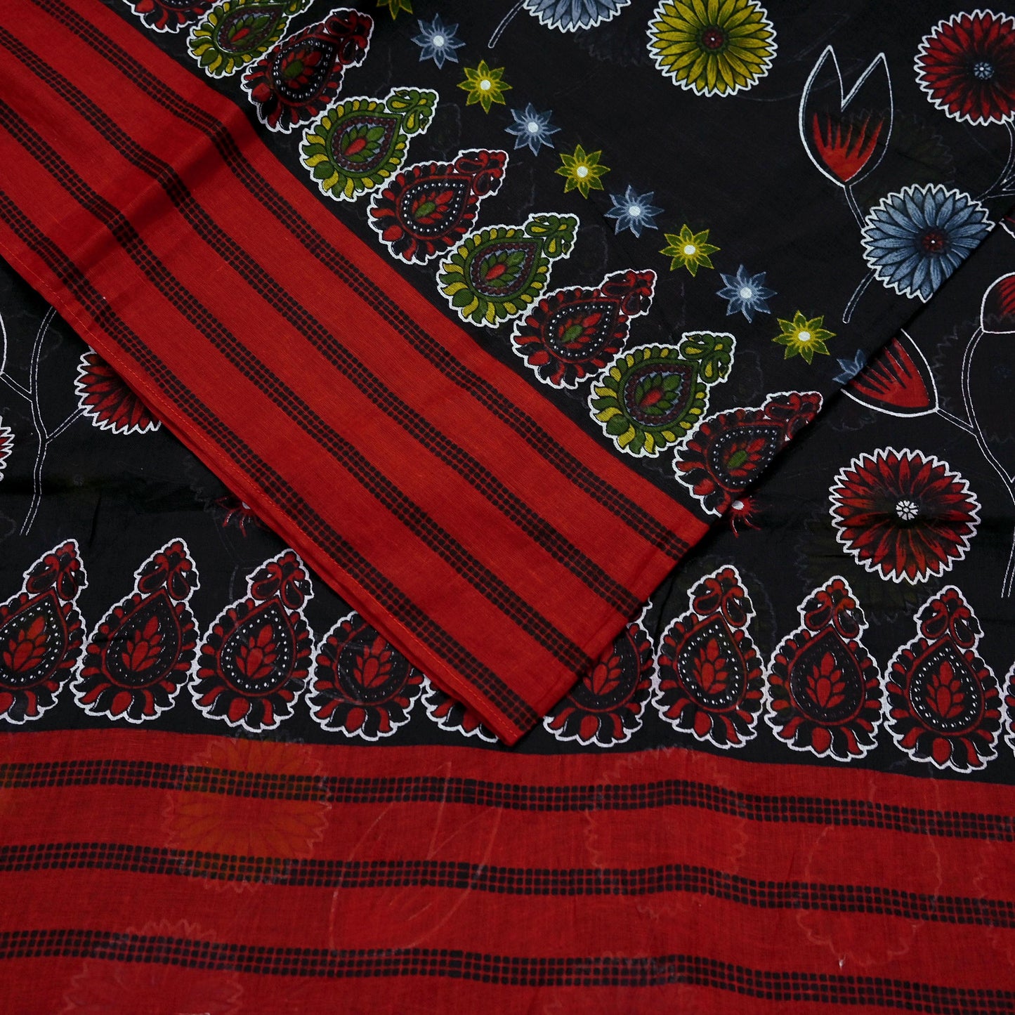 Indian Vintage Sari Red & Black Printed 100% Pure Cotton Saree Craft Fabric 5Yard Sewing Sarong Wrap Boho Floral
