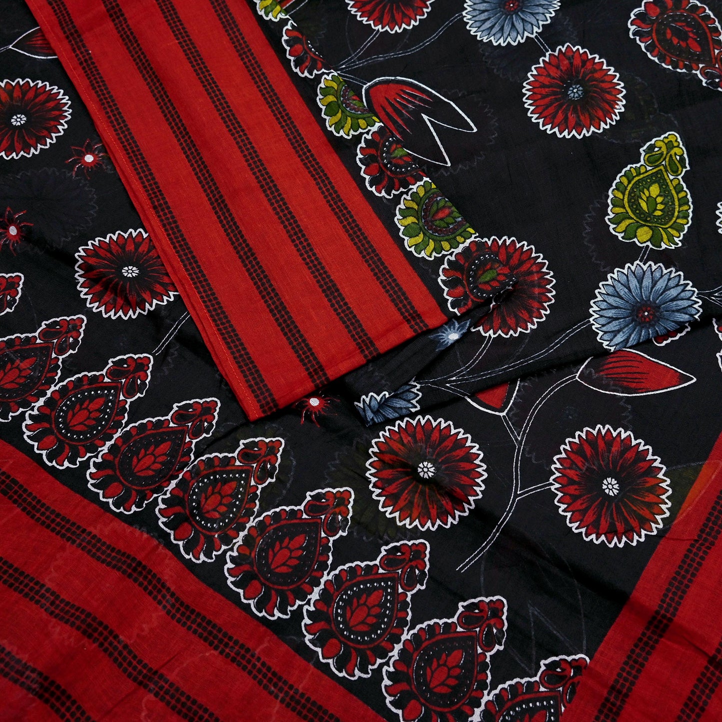 Indian Vintage Sari Red & Black Printed 100% Pure Cotton Saree Craft Fabric 5Yard Sewing Sarong Wrap Boho Floral