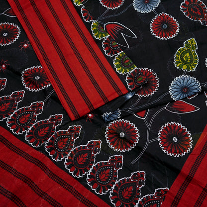 Indian Vintage Sari Red & Black Printed 100% Pure Cotton Saree Craft Fabric 5Yard Sewing Sarong Wrap Boho Floral