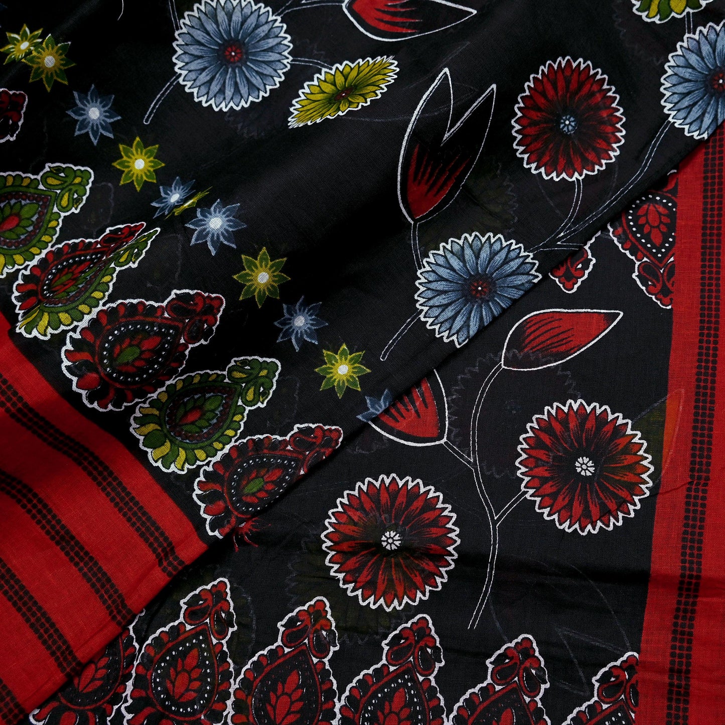Indian Vintage Sari Red & Black Printed 100% Pure Cotton Saree Craft Fabric 5Yard Sewing Sarong Wrap Boho Floral