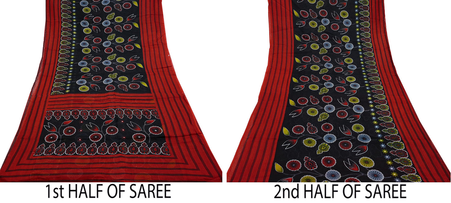 Indian Vintage Sari Red & Black Printed 100% Pure Cotton Saree Craft Fabric 5Yard Sewing Sarong Wrap Boho Floral