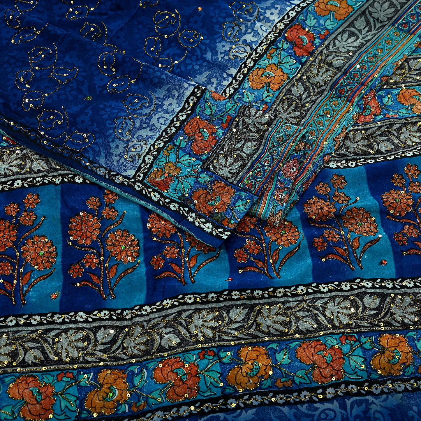 Indian Vintage Sari Blue & Green Pure Crepe Silk Hand Embroidered Saree 5yd Sewing Floral Craft Sequins Dress making Crafting Quilting