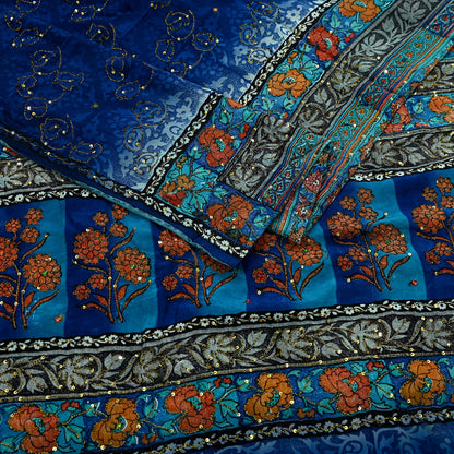 Indian Vintage Sari Blue & Green Pure Crepe Silk Hand Embroidered Saree 5yd Sewing Floral Craft Sequins Dress making Crafting Quilting