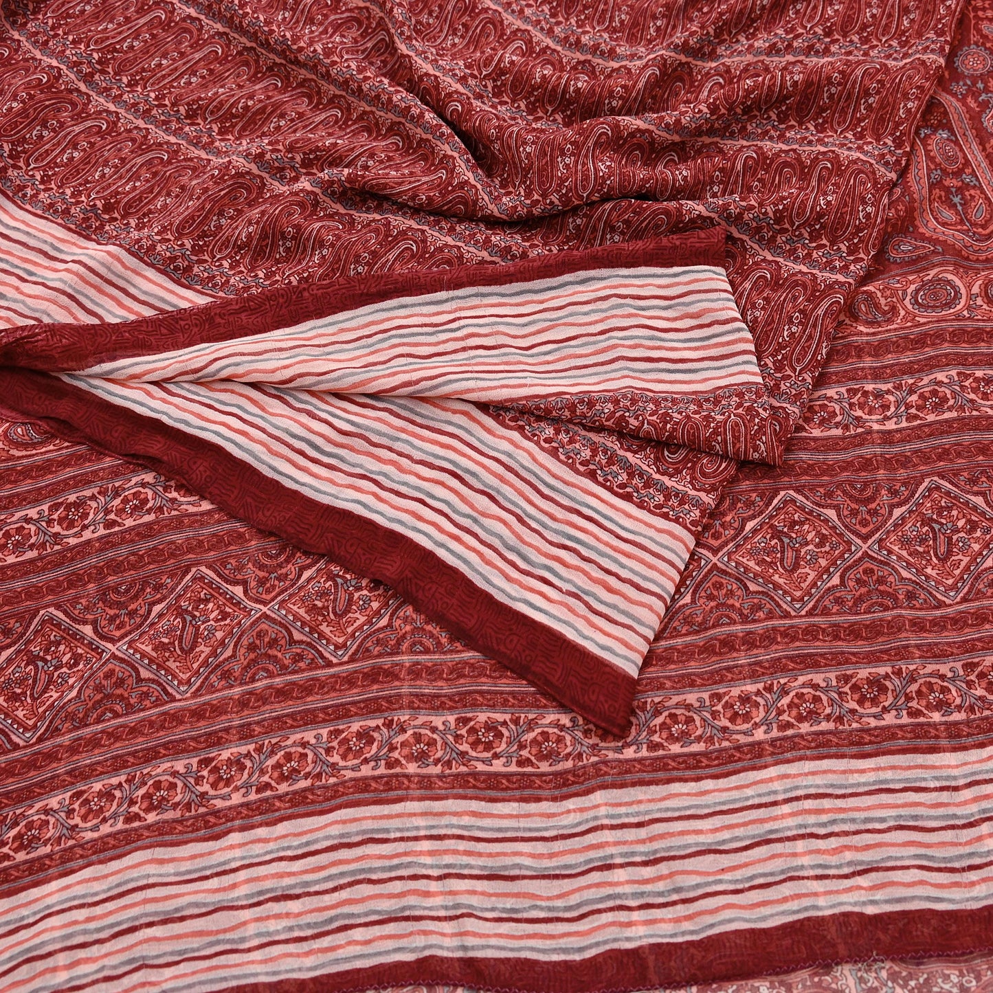 Women Vintage Sari Maroon & Peach Pure Georgette Silk Printed Saree Craft Fabric Sewing 5Yard Soft Light Dress Making Floral