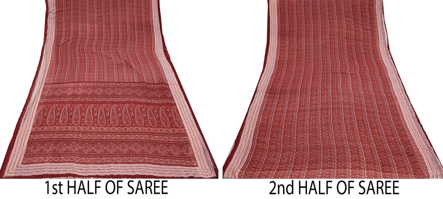 Women Vintage Sari Maroon & Peach Pure Georgette Silk Printed Saree Craft Fabric Sewing 5Yard Soft Light Dress Making Floral