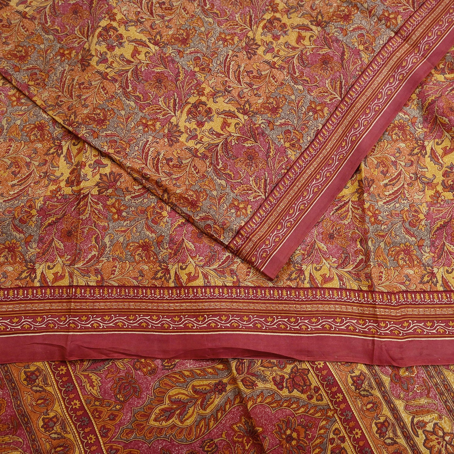 Indian Vintage Sari Pink & Mustard Pure Silk Printed Saree Fabric 5yard Sewing Craft Fabric DressMaking Soft Wrap