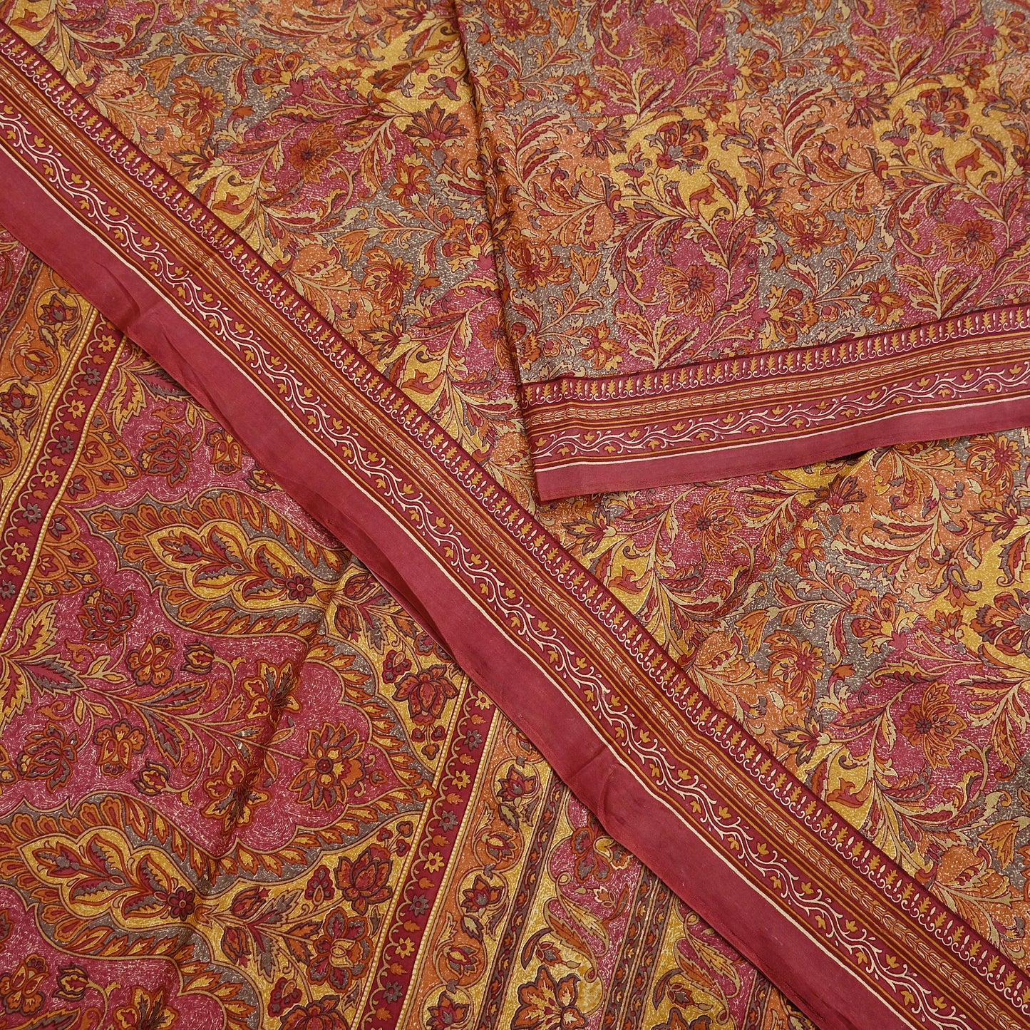 Indian Vintage Sari Pink & Mustard Pure Silk Printed Saree Fabric 5yard Sewing Craft Fabric DressMaking Soft Wrap