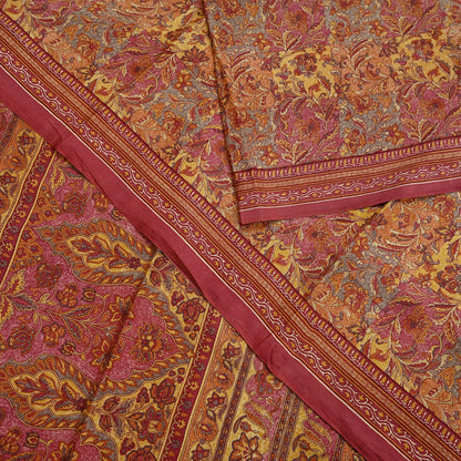 Indian Vintage Sari Pink & Mustard Pure Silk Printed Saree Fabric 5yard Sewing Craft Fabric DressMaking Soft Wrap