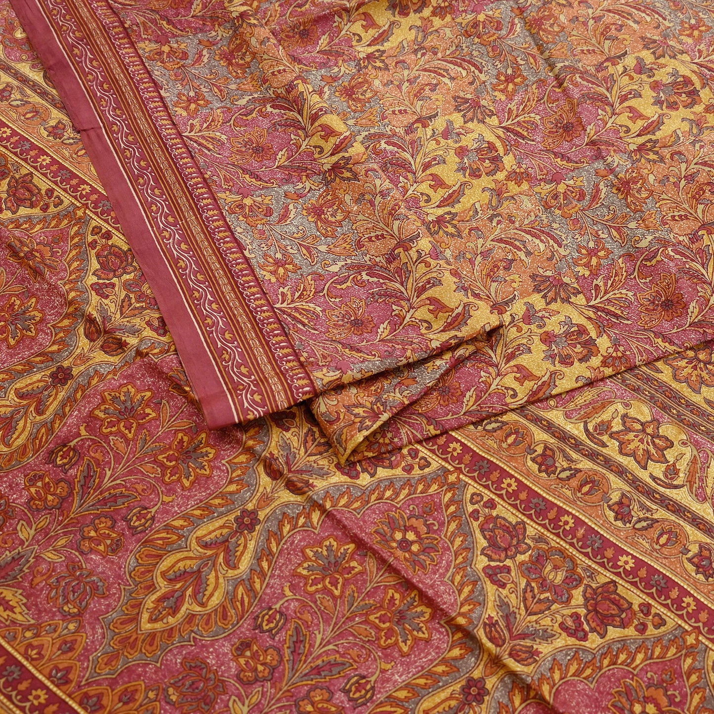 Indian Vintage Sari Pink & Mustard Pure Silk Printed Saree Fabric 5yard Sewing Craft Fabric DressMaking Soft Wrap