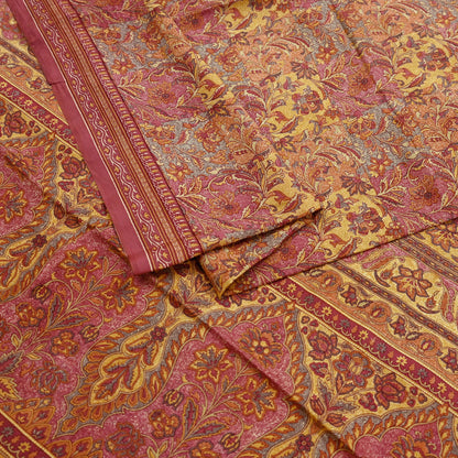 Indian Vintage Sari Pink & Mustard Pure Silk Printed Saree Fabric 5yard Sewing Craft Fabric DressMaking Soft Wrap