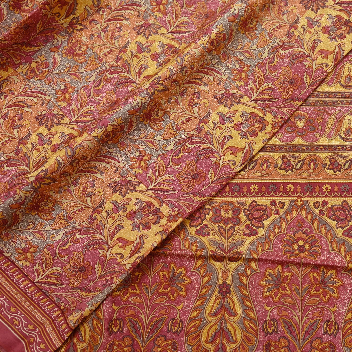 Indian Vintage Sari Pink & Mustard Pure Silk Printed Saree Fabric 5yard Sewing Craft Fabric DressMaking Soft Wrap