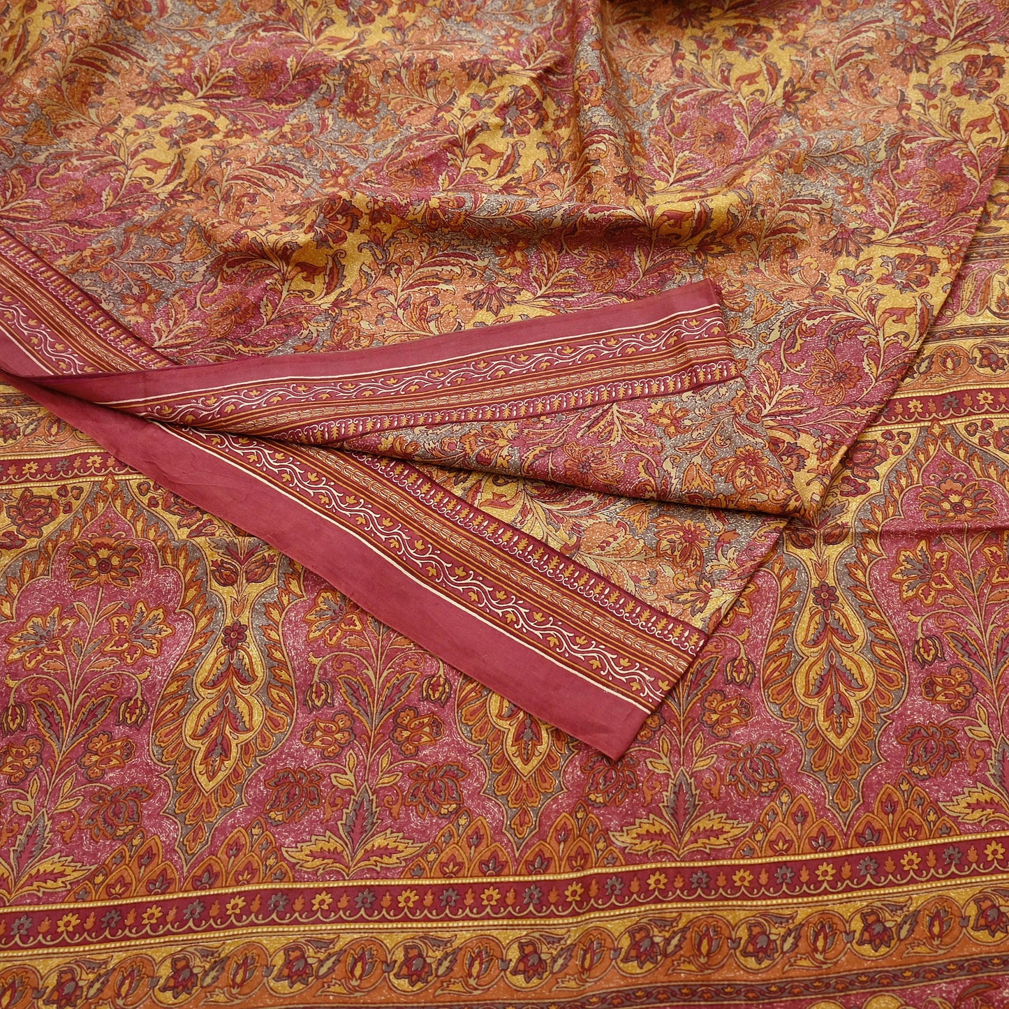 Indian Vintage Sari Pink & Mustard Pure Silk Printed Saree Fabric 5yard Sewing Craft Fabric DressMaking Soft Wrap