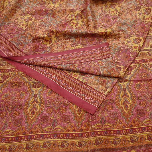 Indian Vintage Sari Pink & Mustard Pure Silk Printed Saree Fabric 5yard Sewing Craft Fabric DressMaking Soft Wrap