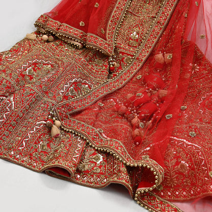 Indian Heavy Wedding Red Raw Silk/Net Hand Embroidered Lehenga 2pcs Set By Designer Sabyasachi Bridal Wear