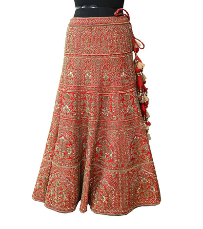 Indian Vintage Heavy Red Raw Silk Hand Embroidered semi stitched Lehenga/Skirt By Designer Sabyasachi Bridal Wear Dabka/ Zardozi
