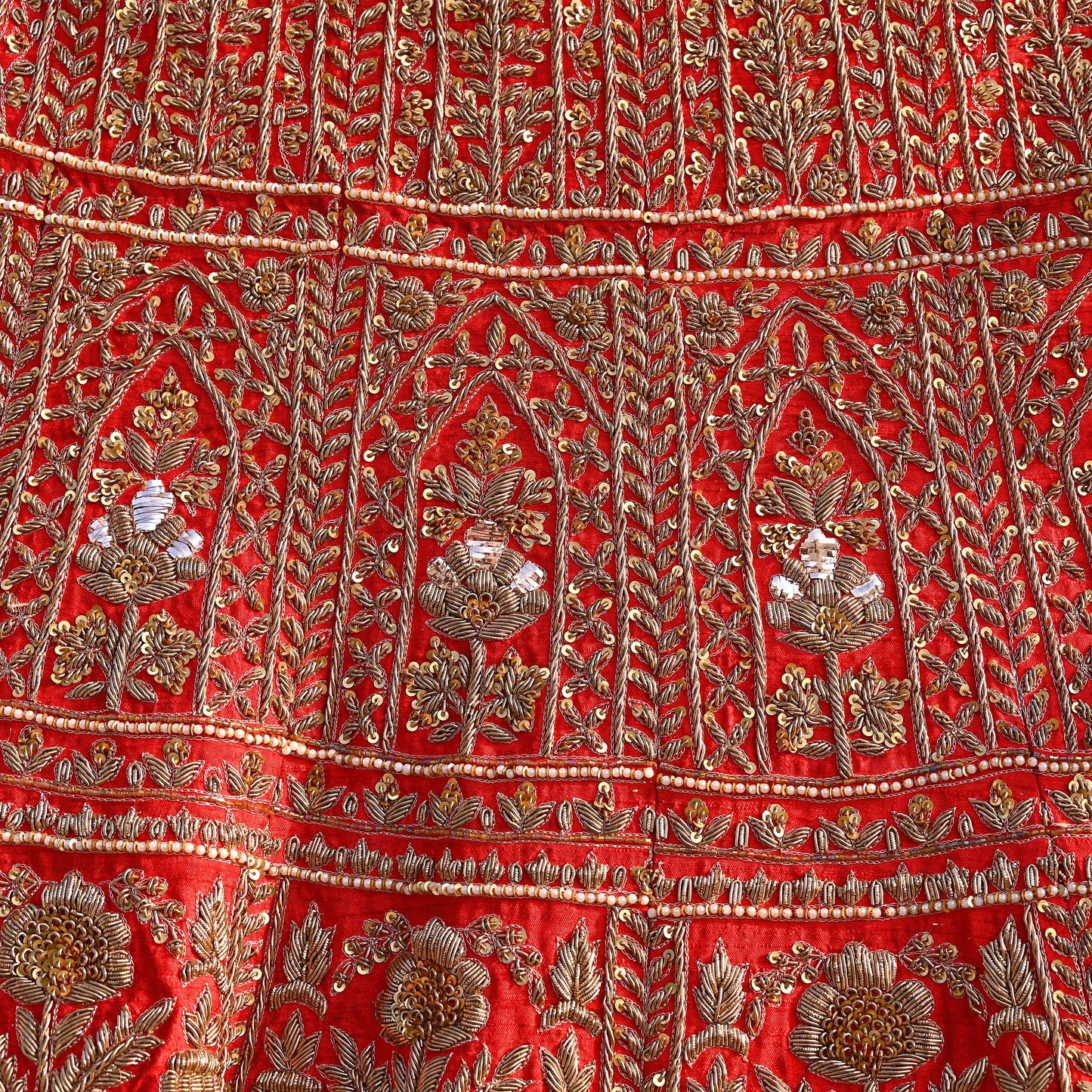 Indian Vintage Heavy Red Raw Silk Hand Embroidered semi stitched Lehenga/Skirt By Designer Sabyasachi Bridal Wear Dabka/ Zardozi