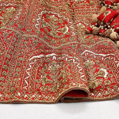 Indian Vintage Heavy Red Raw Silk Hand Embroidered semi stitched Lehenga/Skirt By Designer Sabyasachi Bridal Wear Dabka/ Zardozi
