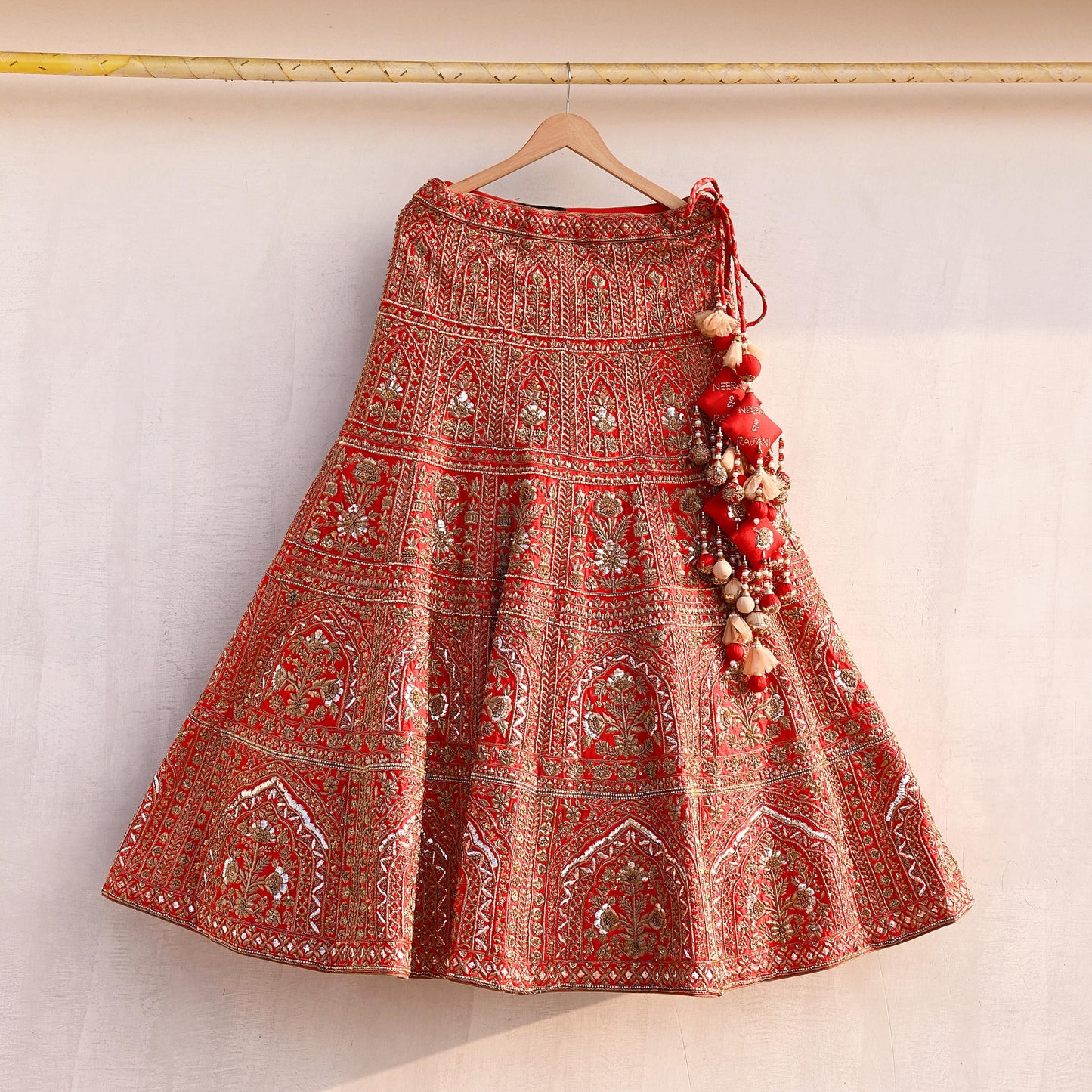 Indian Vintage Heavy Red Raw Silk Hand Embroidered semi stitched Lehenga/Skirt By Designer Sabyasachi Bridal Wear Dabka/ Zardozi