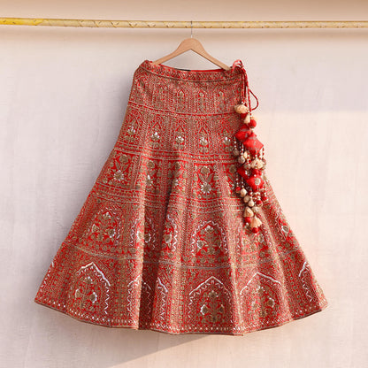 Indian Vintage Heavy Red Raw Silk Hand Embroidered semi stitched Lehenga/Skirt By Designer Sabyasachi Bridal Wear Dabka/ Zardozi