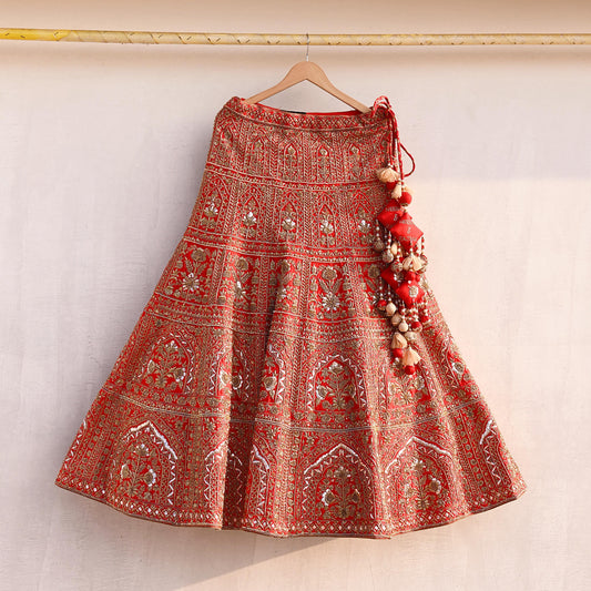 Indian Vintage Heavy Red Raw Silk Hand Embroidered semi stitched Lehenga/Skirt By Designer Sabyasachi Bridal Wear Dabka/ Zardozi