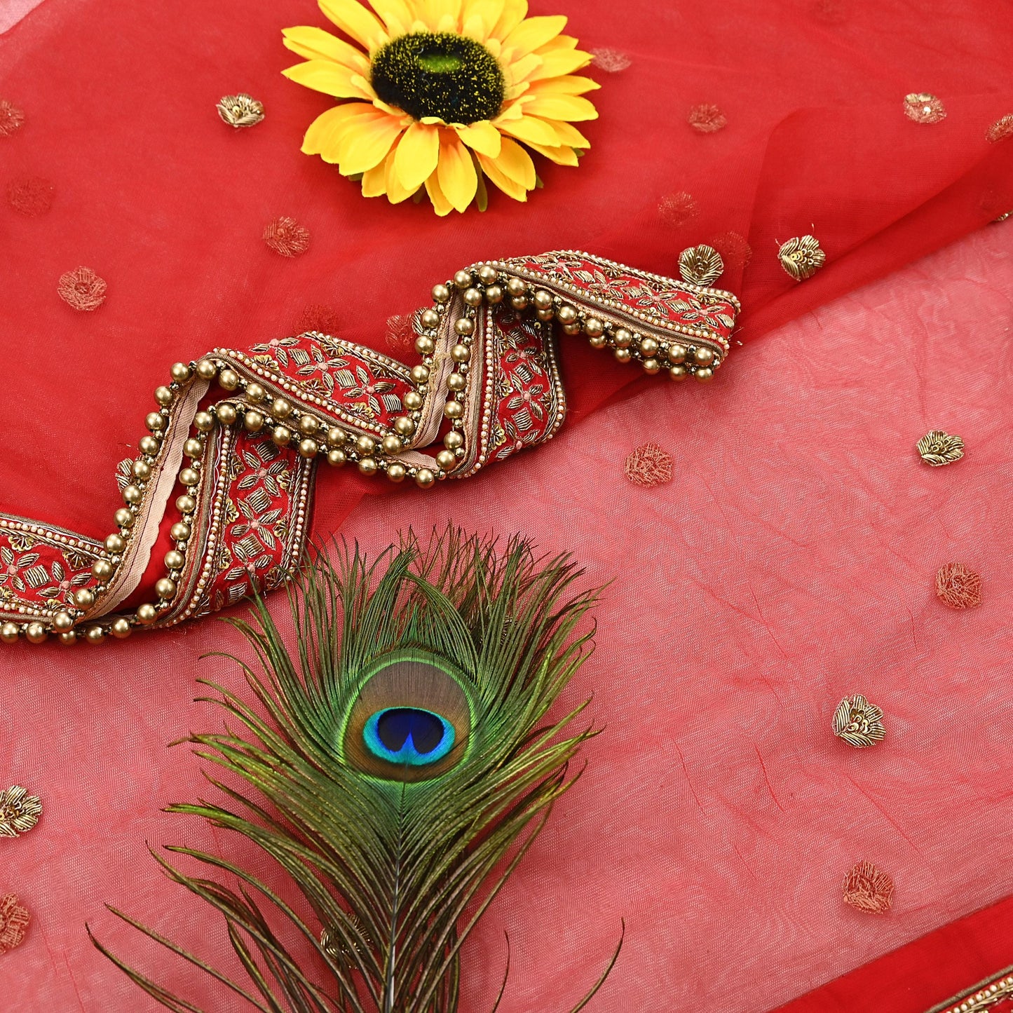 Indian Heavy Wedding Dupatta Red Net Long Stole Hand Embroidered By Designer Sabyasachi Scarves Zardozi Bridal Veil