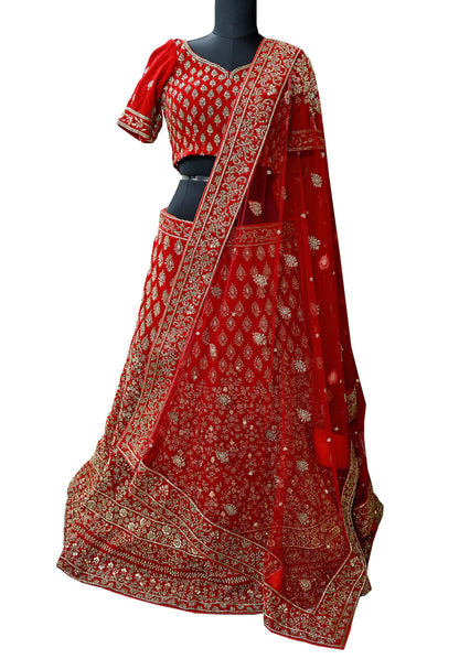 Indian Heavy Wedding Red Velvet/Net Hand Embroidered Semi Stitched Lehenga Set of 3pcs Bollywood style wedding wear