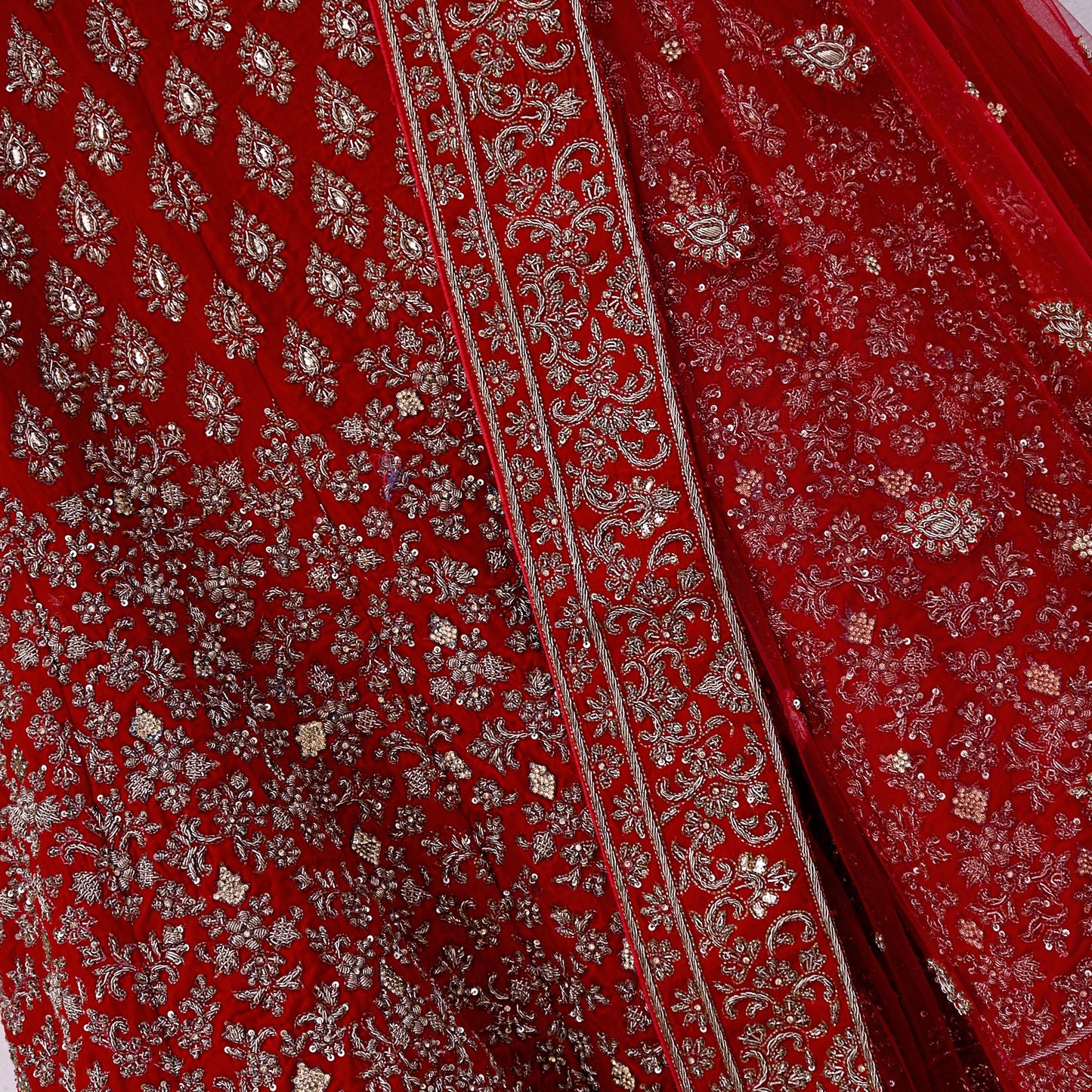 Indian Heavy Wedding Red Velvet/Net Hand Embroidered Semi Stitched Lehenga Set of 3pcs Bollywood style wedding wear