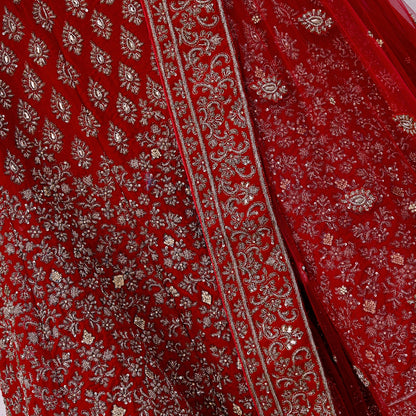 Indian Heavy Wedding Red Velvet/Net Hand Embroidered Semi Stitched Lehenga Set of 3pcs Bollywood style wedding wear