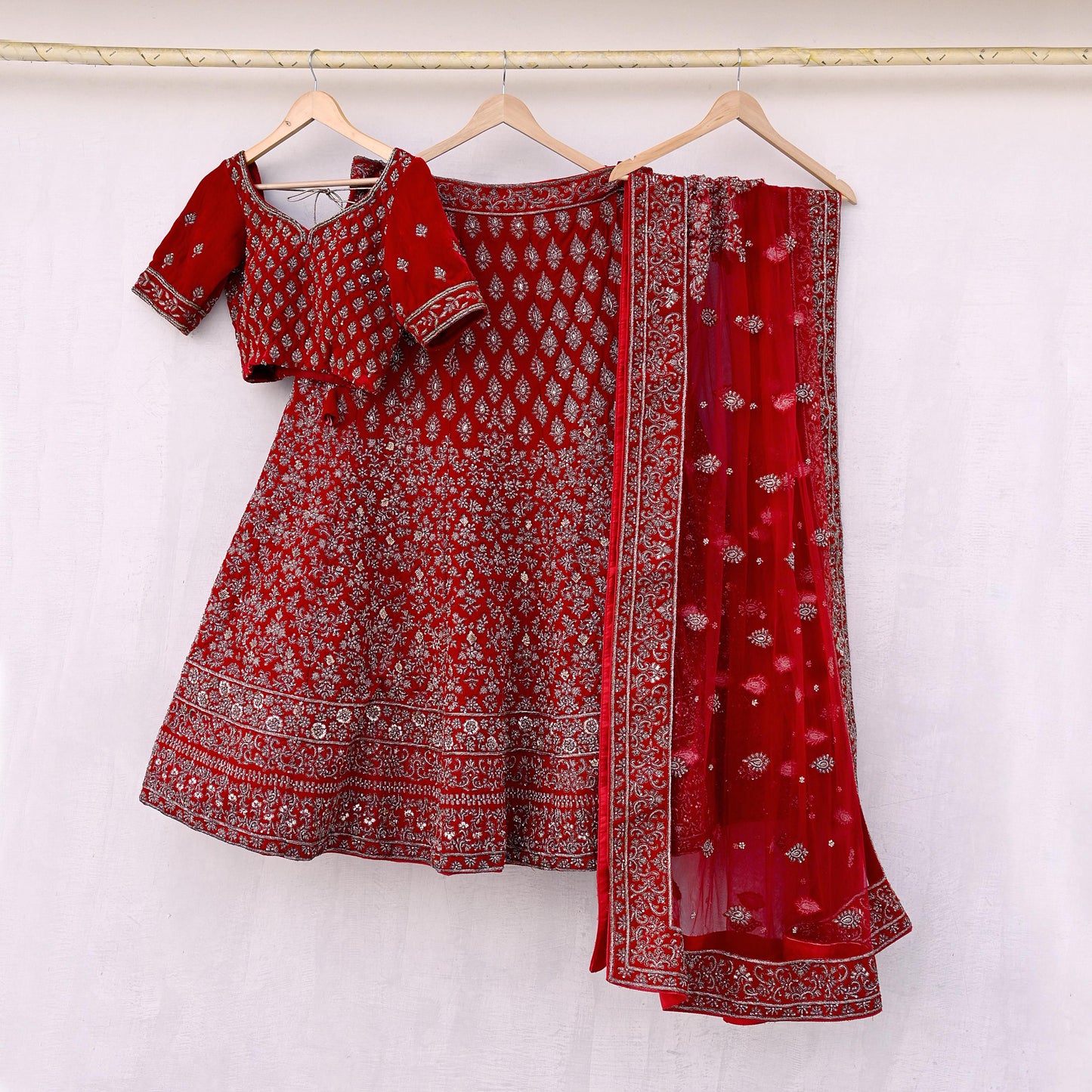 Indian Heavy Wedding Red Velvet/Net Hand Embroidered Semi Stitched Lehenga Set of 3pcs Bollywood style wedding wear