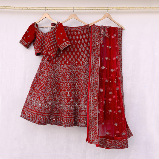 Indian Heavy Wedding Red Velvet/Net Hand Embroidered Semi Stitched Lehenga Set of 3pcs Bollywood style wedding wear