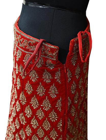 Indian Heavy Red Velvet Hand Embroidered Semi stitched Lehenga/Skirt Bridal Wear Zardozi/ Dabka Bollywood skirt Party wear