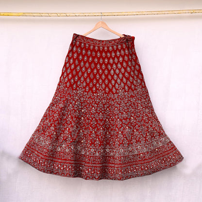 Indian Heavy Red Velvet Hand Embroidered Semi stitched Lehenga/Skirt Bridal Wear Zardozi/ Dabka Bollywood skirt Party wear