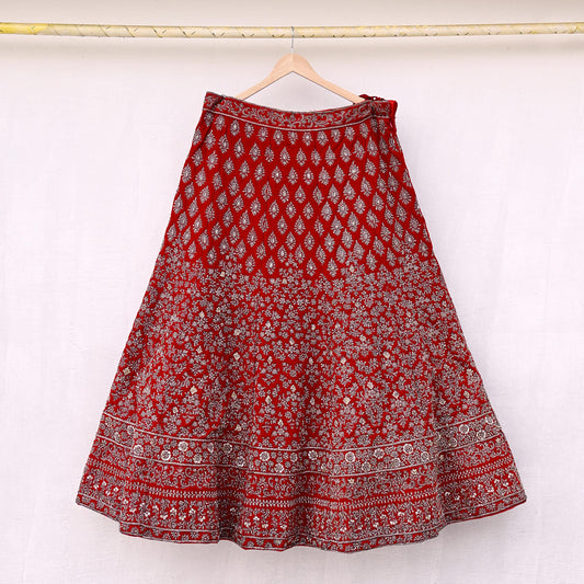 Indian Heavy Red Velvet Hand Embroidered Semi stitched Lehenga/Skirt Bridal Wear Zardozi/ Dabka Bollywood skirt Party wear