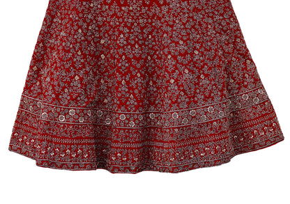 Indian Heavy Red Velvet Hand Embroidered Semi stitched Lehenga/Skirt Bridal Wear Zardozi/ Dabka Bollywood skirt Party wear