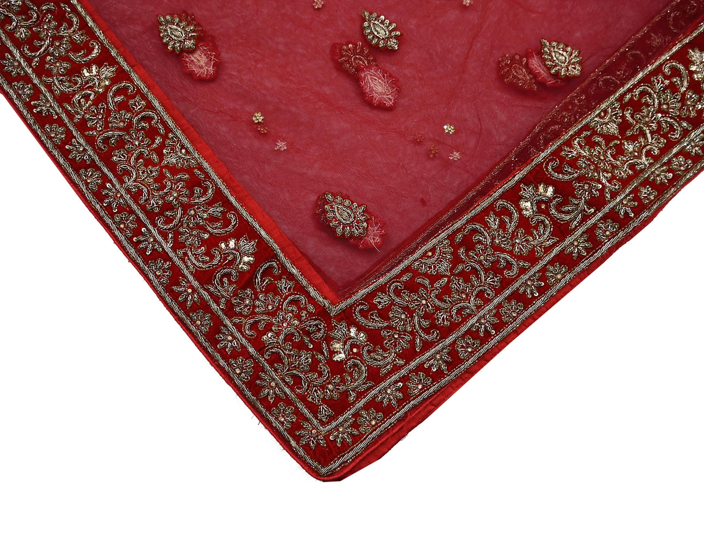 Indian Vintage Heavy Red Dupatta Net Mesh Long Stole Hand Embroidered Scarves Golden Zardozi Dabka Zari Stole Bridal/ Wedding veil