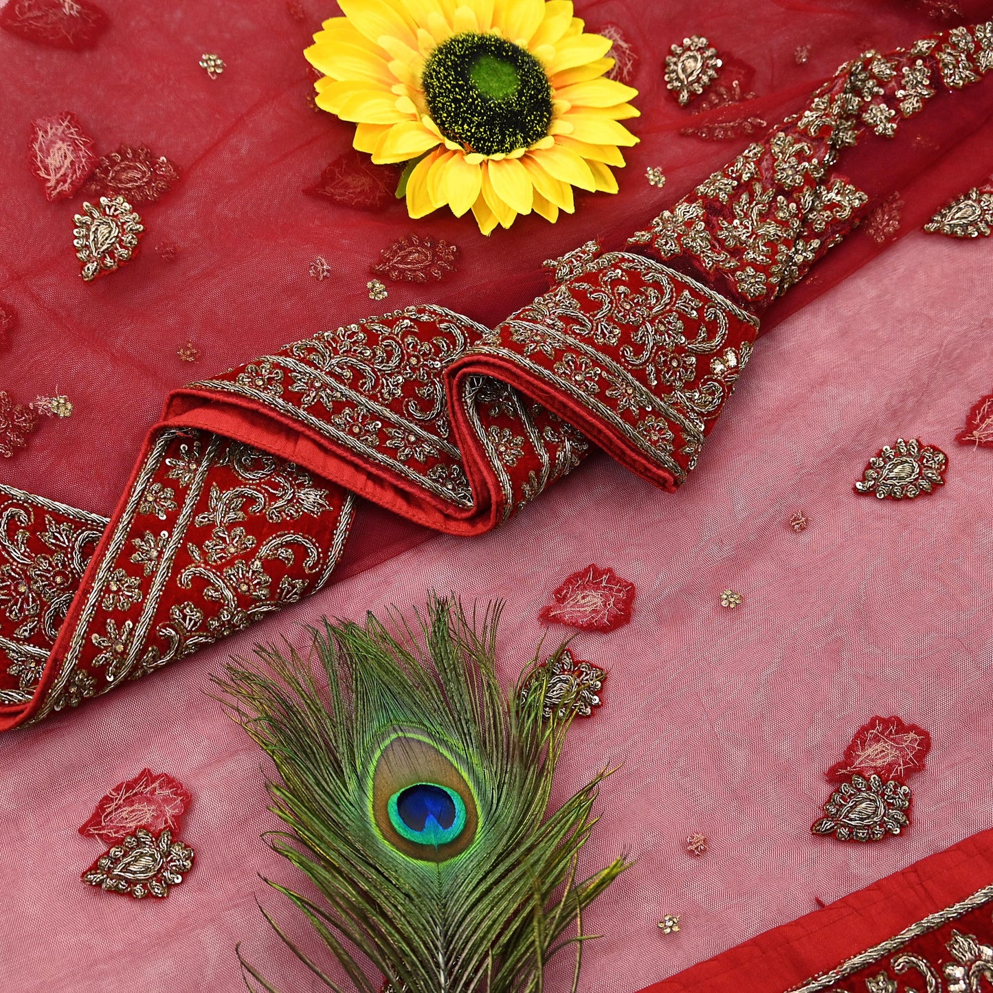 Indian Vintage Heavy Red Dupatta Net Mesh Long Stole Hand Embroidered Scarves Golden Zardozi Dabka Zari Stole Bridal/ Wedding veil