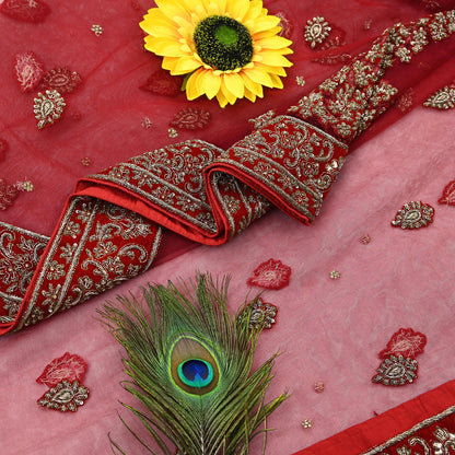 Indian Vintage Heavy Red Dupatta Net Mesh Long Stole Hand Embroidered Scarves Golden Zardozi Dabka Zari Stole Bridal/ Wedding veil