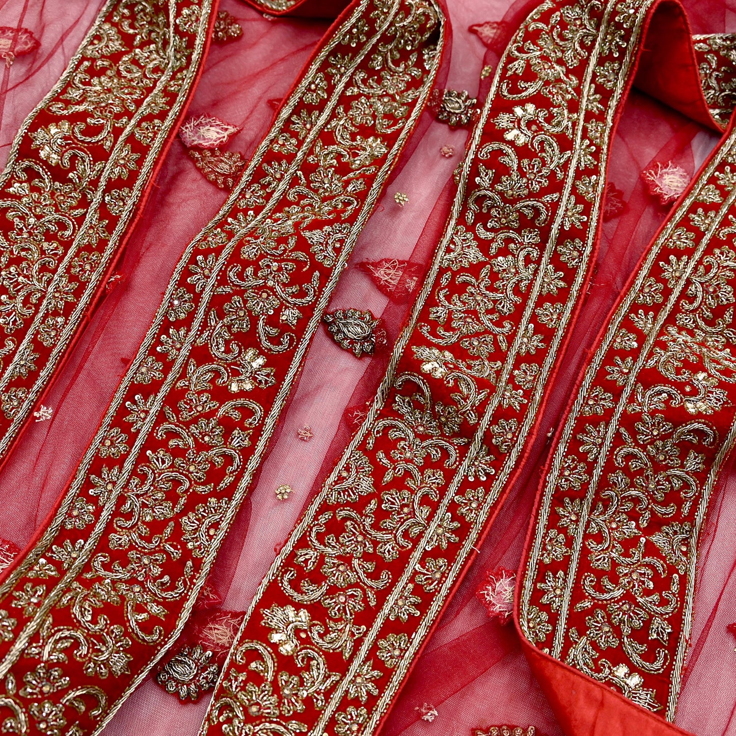 Indian Vintage Heavy Red Dupatta Net Mesh Long Stole Hand Embroidered Scarves Golden Zardozi Dabka Zari Stole Bridal/ Wedding veil