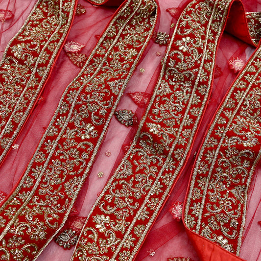 Indian Vintage Heavy Red Dupatta Net Mesh Long Stole Hand Embroidered Scarves Golden Zardozi Dabka Zari Stole Bridal/ Wedding veil